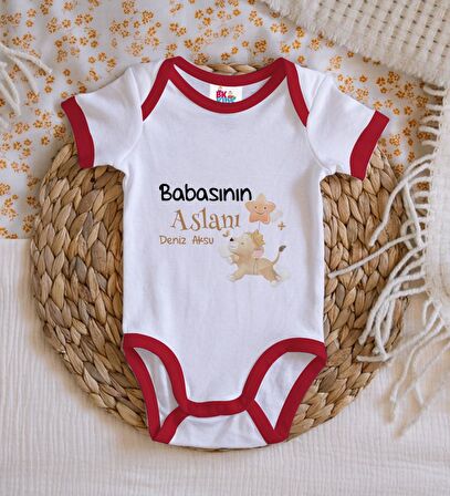 BK Kids Kişiye Özel Babasının Aslanı Tasarımlı Kırmızı Bebek Body Zıbın-1