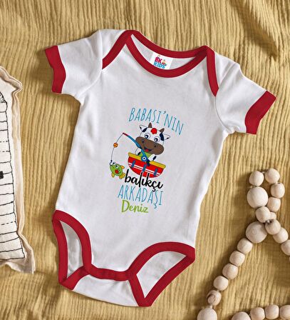 BK Kids Kişiye Özel Babasının Balıkçı Arkadaşı Tasarımlı Kırmızı Bebek Body Zıbın-1
