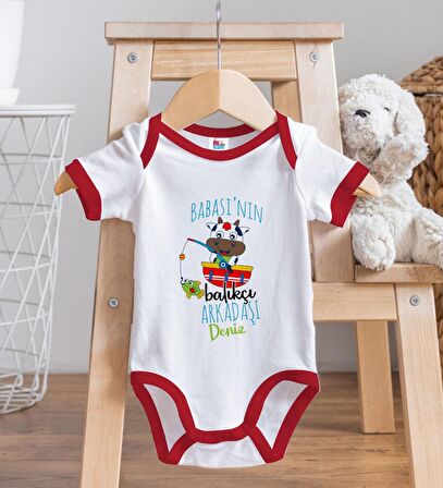 BK Kids Kişiye Özel Babasının Balıkçı Arkadaşı Tasarımlı Kırmızı Bebek Body Zıbın-1