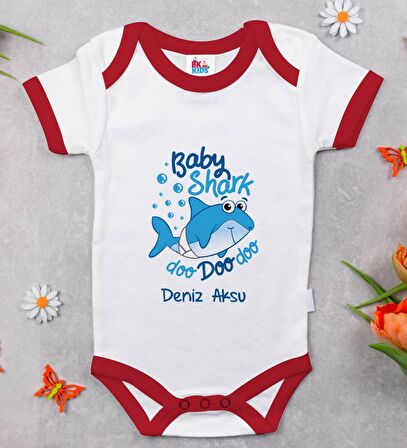 BK Kids Kişiye Özel Baby Shark Tasarımlı Kırmızı Bebek Body Zıbın-1
