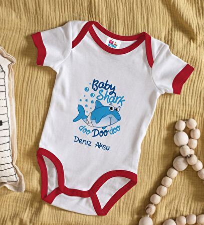 BK Kids Kişiye Özel Baby Shark Tasarımlı Kırmızı Bebek Body Zıbın-1