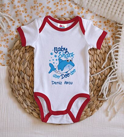 BK Kids Kişiye Özel Baby Shark Tasarımlı Kırmızı Bebek Body Zıbın-1