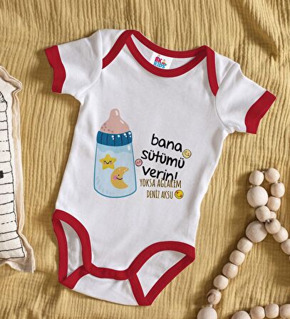 BK Kids Kişiye Özel Bana Sütümü Verin Tasarımlı Kırmızı Bebek Body Zıbın-1