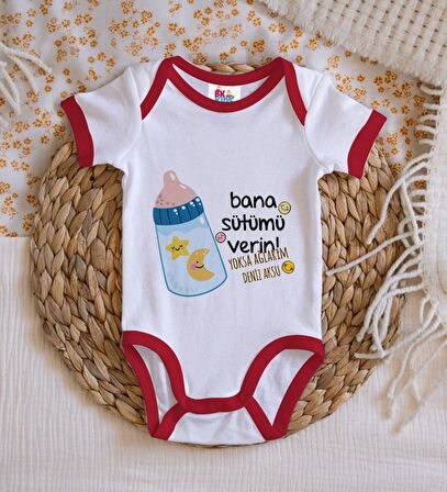 BK Kids Kişiye Özel Bana Sütümü Verin Tasarımlı Kırmızı Bebek Body Zıbın-1