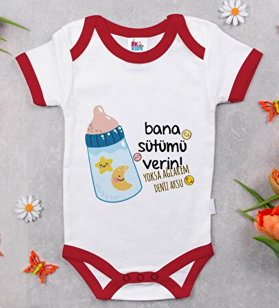 BK Kids Kişiye Özel Bana Sütümü Verin Tasarımlı Kırmızı Bebek Body Zıbın-1