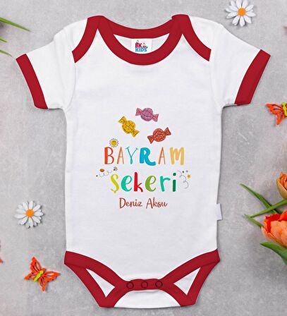 BK Kids Kişiye Özel Bayram Şekeri Tasarımlı Kırmızı Bebek Body Zıbın-1