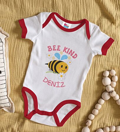 BK Kids Kişiye Özel Bee Kind Tasarımlı Kırmızı Bebek Body Zıbın-1
