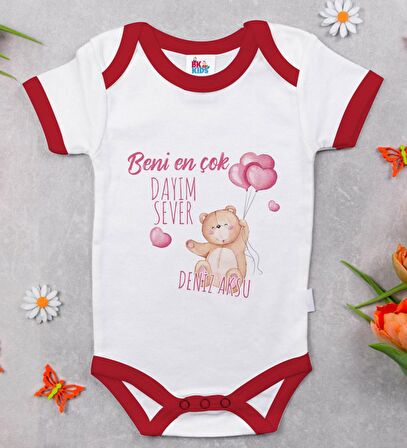 BK Kids Kişiye Özel Beni En Çok Dayım Sever Tasarımlı Kırmızı Bebek Body Zıbın-1