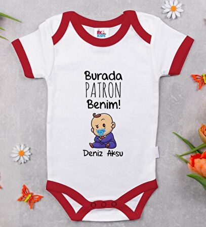 BK Kids Kişiye Özel Burada Patron Benim Tasarımlı Kırmızı Bebek Body Zıbın-1