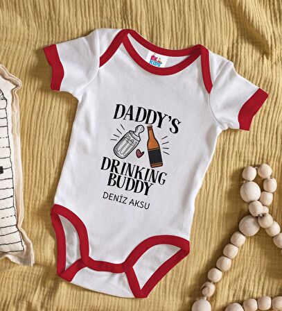 BK Kids Kişiye Özel Daddy's Drinking Buddy Tasarımlı Kırmızı Bebek Body Zıbın-2