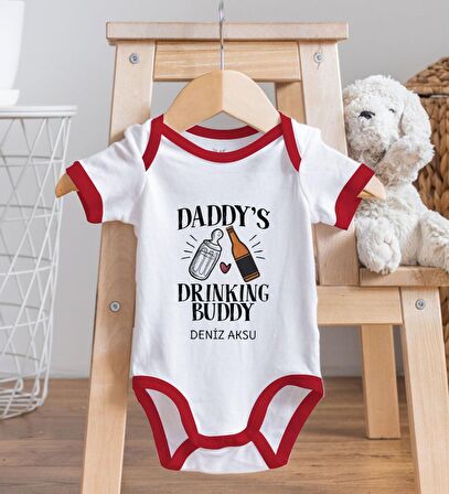 BK Kids Kişiye Özel Daddy's Drinking Buddy Tasarımlı Kırmızı Bebek Body Zıbın-2