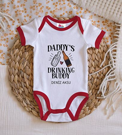 BK Kids Kişiye Özel Daddy's Drinking Buddy Tasarımlı Kırmızı Bebek Body Zıbın-2