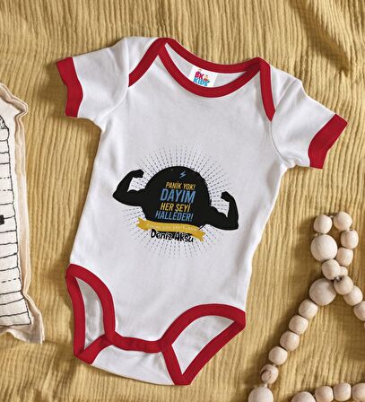 BK Kids Kişiye Özel Dayım Her Şeyi Halleder Tasarımlı Kırmızı Bebek Body Zıbın-1