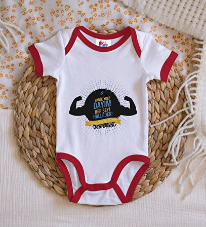 BK Kids Kişiye Özel Dayım Her Şeyi Halleder Tasarımlı Kırmızı Bebek Body Zıbın-1