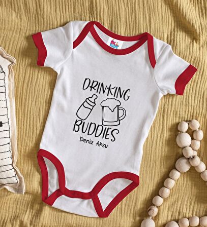 BK Kids Kişiye Özel Drinking Buddies Tasarımlı Kırmızı Bebek Body Zıbın-1
