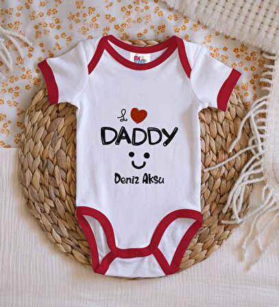 BK Kids Kişiye Özel I Love Daddy Tasarımlı Kırmızı Bebek Body Zıbın-1