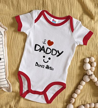 BK Kids Kişiye Özel I Love Daddy Tasarımlı Kırmızı Bebek Body Zıbın-1