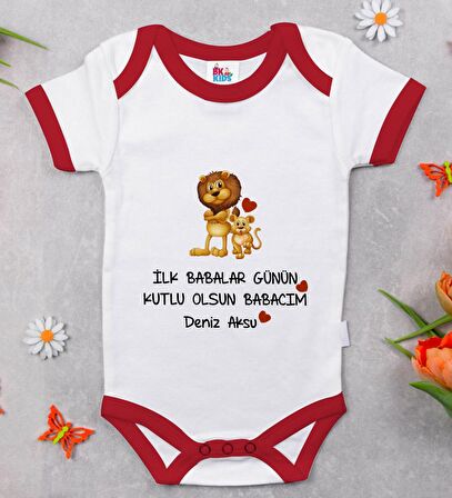 BK Kids Kişiye Özel İlk Babalar Günü Tasarımlı Kırmızı Bebek Body Zıbın-3