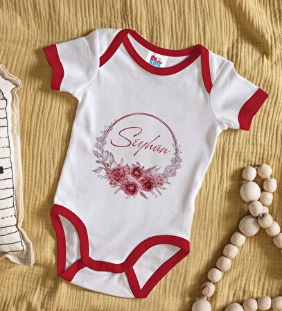 BK Kids Kişiye Özel Çiçek Tasarımlı Kırmızı Bebek Body Zıbın-1