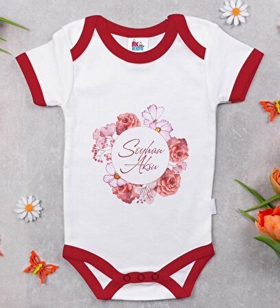 BK Kids Kişiye Özel Çiçek Tasarımlı Kırmızı Bebek Body Zıbın-2