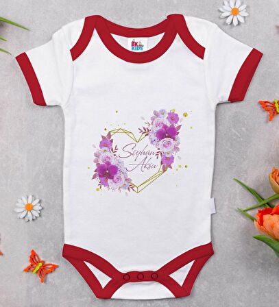 BK Kids Kişiye Özel Çiçek Tasarımlı Kırmızı Bebek Body Zıbın-3