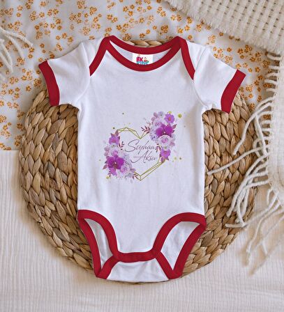 BK Kids Kişiye Özel Çiçek Tasarımlı Kırmızı Bebek Body Zıbın-3