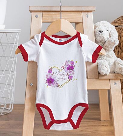 BK Kids Kişiye Özel Çiçek Tasarımlı Kırmızı Bebek Body Zıbın-3