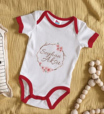 BK Kids Kişiye Özel Çiçek Tasarımlı Kırmızı Bebek Body Zıbın-5