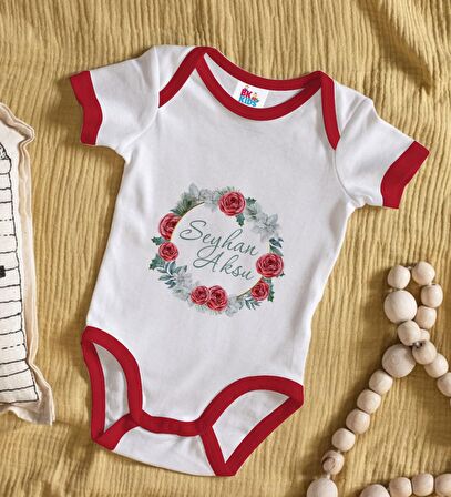 BK Kids Kişiye Özel Çiçek Tasarımlı Kırmızı Bebek Body Zıbın-8