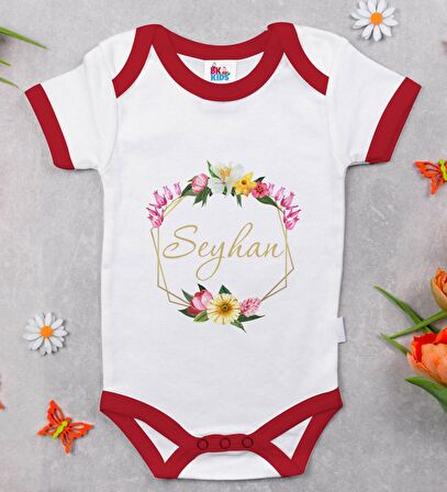 BK Kids Kişiye Özel Çiçek Tasarımlı Kırmızı Bebek Body Zıbın-9