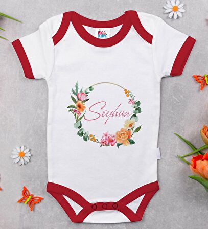 BK Kids Kişiye Özel Çiçek Tasarımlı Kırmızı Bebek Body Zıbın-10