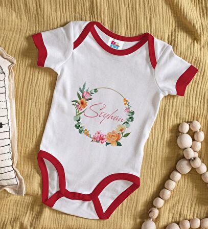 BK Kids Kişiye Özel Çiçek Tasarımlı Kırmızı Bebek Body Zıbın-10