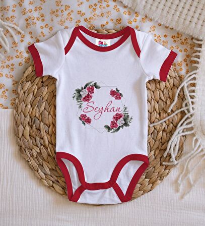 BK Kids Kişiye Özel Çiçek Tasarımlı Kırmızı Bebek Body Zıbın-15
