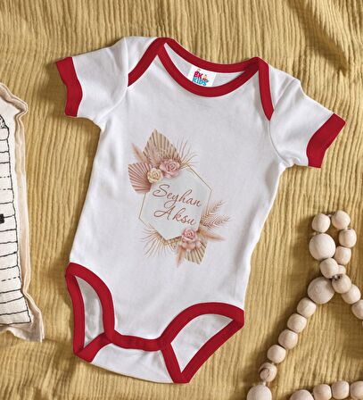 BK Kids Kişiye Özel Çiçek Tasarımlı Kırmızı Bebek Body Zıbın-16