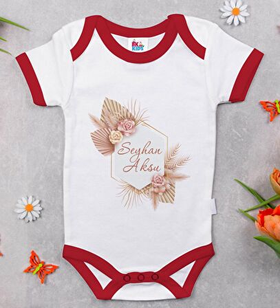 BK Kids Kişiye Özel Çiçek Tasarımlı Kırmızı Bebek Body Zıbın-16