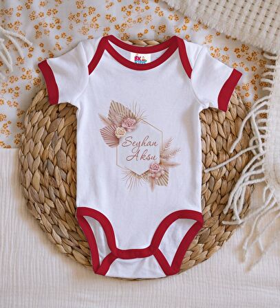 BK Kids Kişiye Özel Çiçek Tasarımlı Kırmızı Bebek Body Zıbın-16