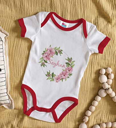 BK Kids Kişiye Özel Çiçek Tasarımlı Kırmızı Bebek Body Zıbın-17