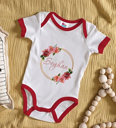 BK Kids Kişiye Özel Çiçek Tasarımlı Kırmızı Bebek Body Zıbın-18