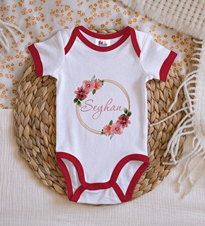 BK Kids Kişiye Özel Çiçek Tasarımlı Kırmızı Bebek Body Zıbın-18