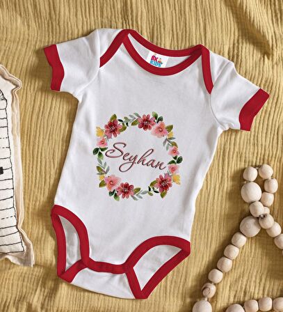 BK Kids Kişiye Özel Çiçek Tasarımlı Kırmızı Bebek Body Zıbın-19