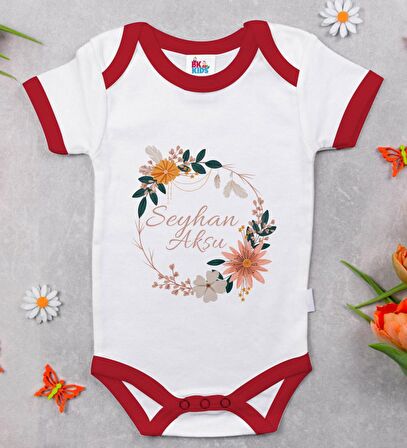 BK Kids Kişiye Özel Çiçek Tasarımlı Kırmızı Bebek Body Zıbın-20