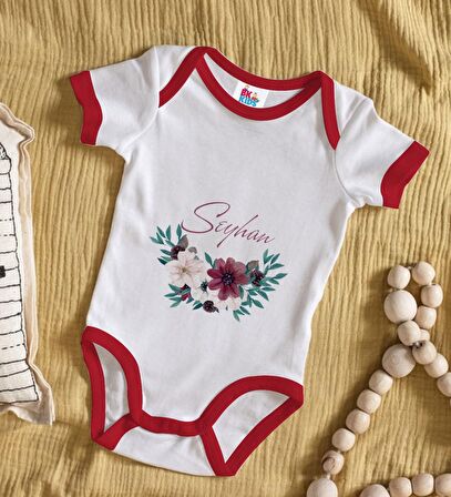 BK Kids Kişiye Özel Çiçek Tasarımlı Kırmızı Bebek Body Zıbın-25