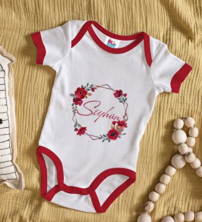 BK Kids Kişiye Özel Çiçek Tasarımlı Kırmızı Bebek Body Zıbın-27
