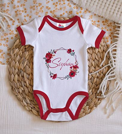 BK Kids Kişiye Özel Çiçek Tasarımlı Kırmızı Bebek Body Zıbın-27