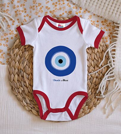 BK Kids Kişiye Özel Nazar Boncuğu Tasarımlı Kırmızı Bebek Body Zıbın-1