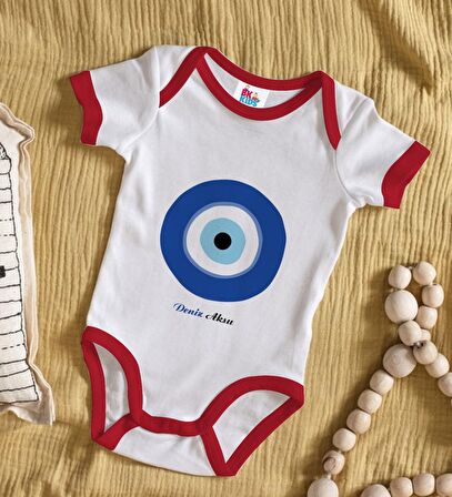 BK Kids Kişiye Özel Nazar Boncuğu Tasarımlı Kırmızı Bebek Body Zıbın-1