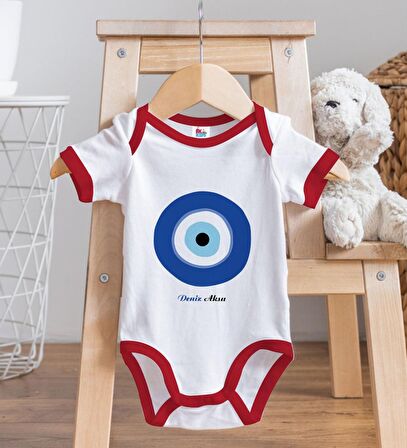 BK Kids Kişiye Özel Nazar Boncuğu Tasarımlı Kırmızı Bebek Body Zıbın-1
