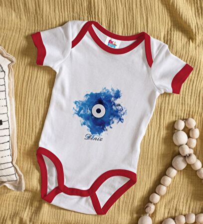 BK Kids Kişiye Özel Nazar Boncuğu Tasarımlı Kırmızı Bebek Body Zıbın-2