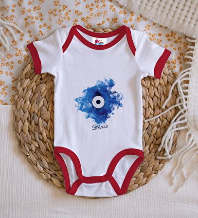 BK Kids Kişiye Özel Nazar Boncuğu Tasarımlı Kırmızı Bebek Body Zıbın-2