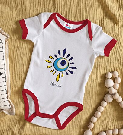 BK Kids Kişiye Özel Nazar Boncuğu Tasarımlı Kırmızı Bebek Body Zıbın-4
